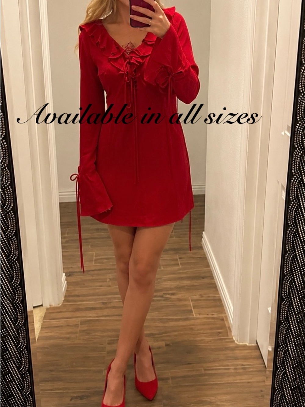 Red Ruffled V-Neck Long Sleeve Dress